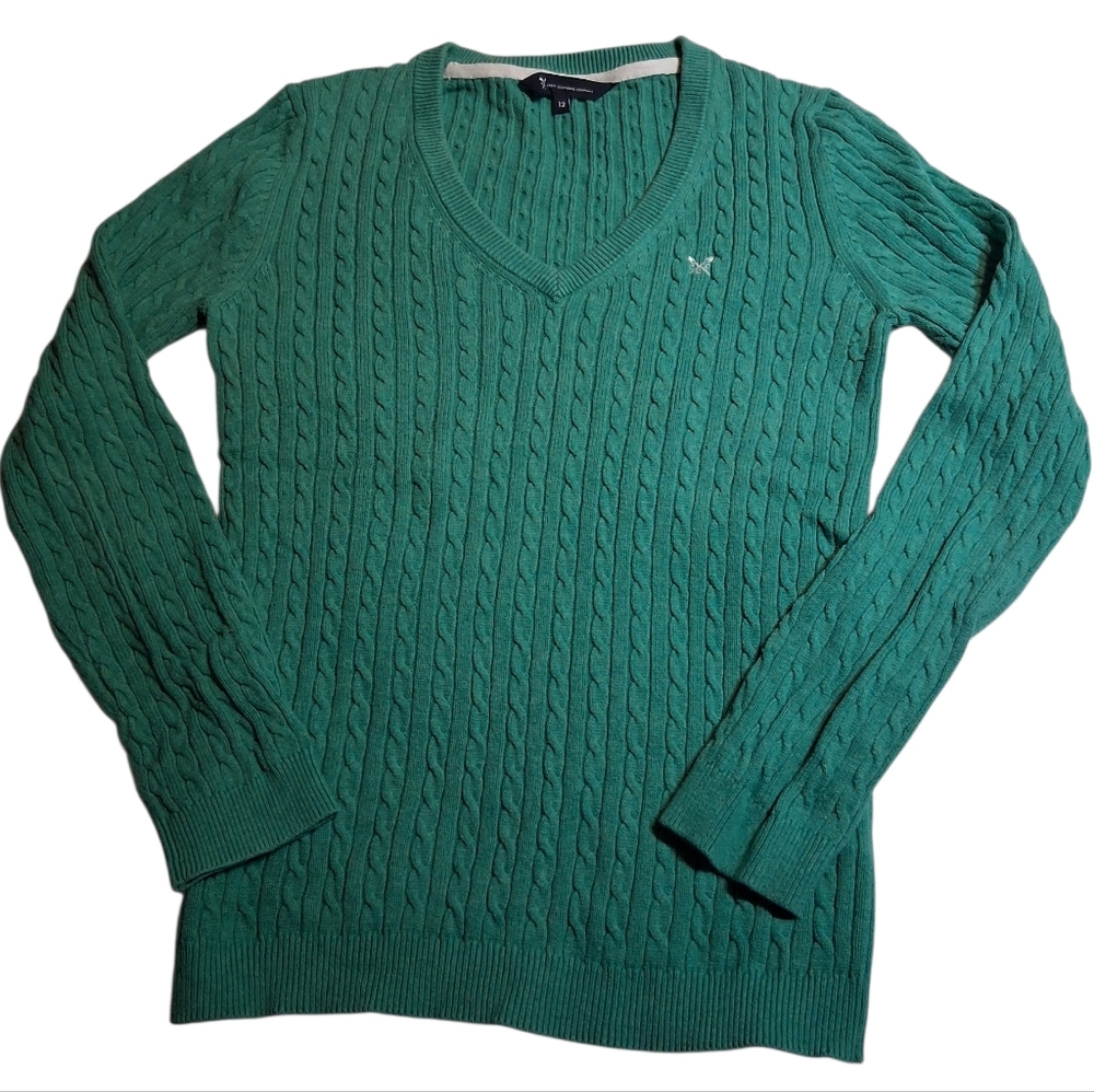 Green Cable Knit V-Neck Sweater Cotton-Cashmere - Crew Clothing Co Sz 12